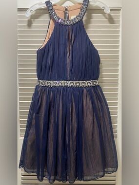 Juniors Way-In Navy Blue Embellished Halter Tulle Dress‎